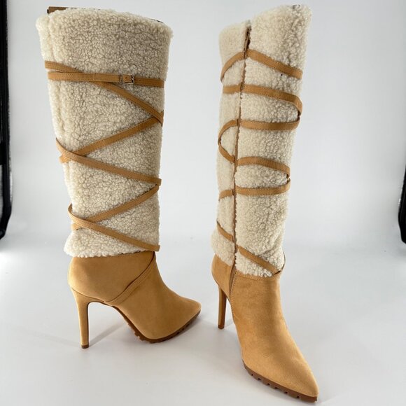 Thalia Sodi Shoes - Thalia Sodi Tan Suede & Faux Fur Knee-High Heeled Boots, 7.5